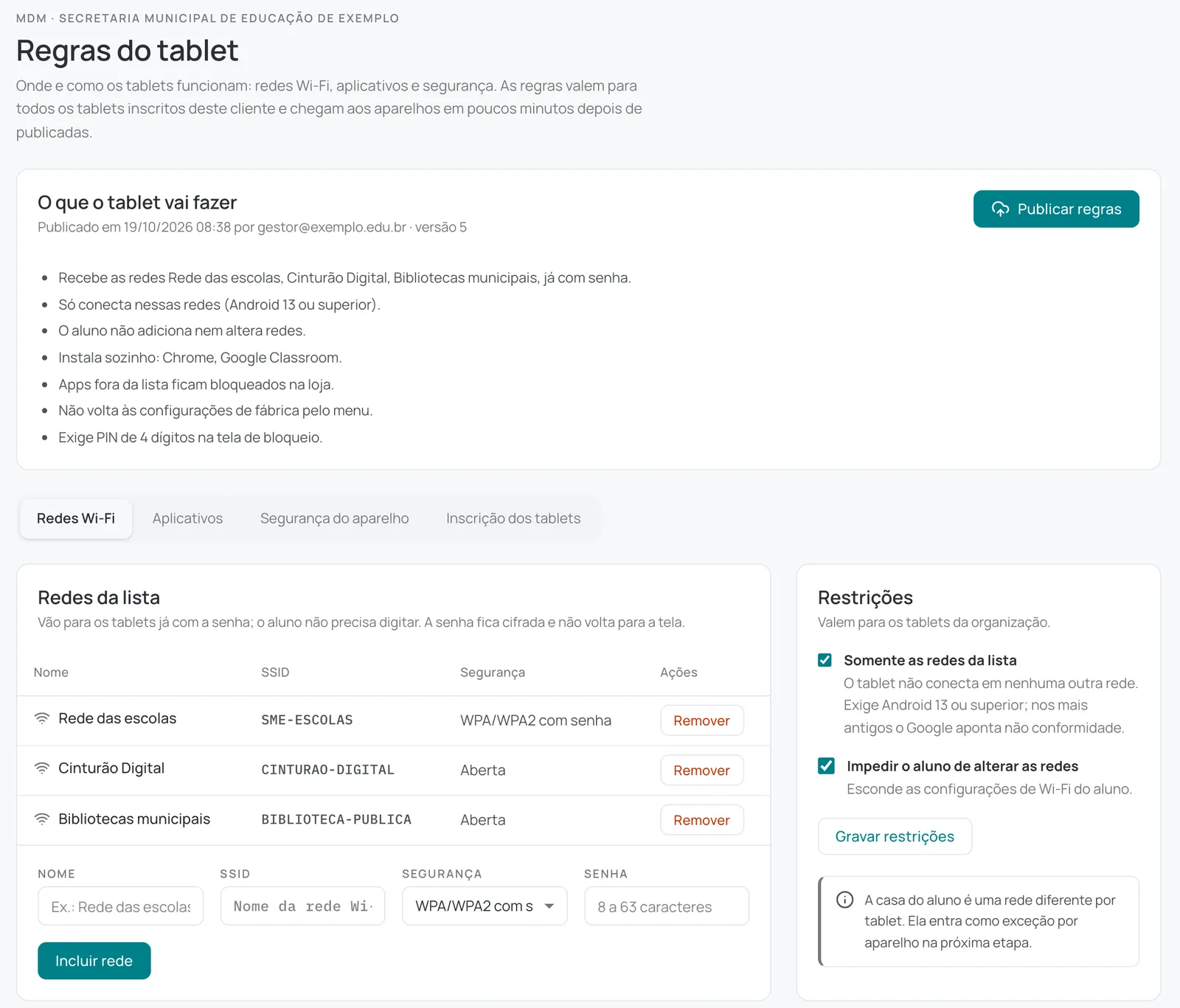 Tela Regras do tablet com redes permitidas e resumo do que o tablet vai fazer